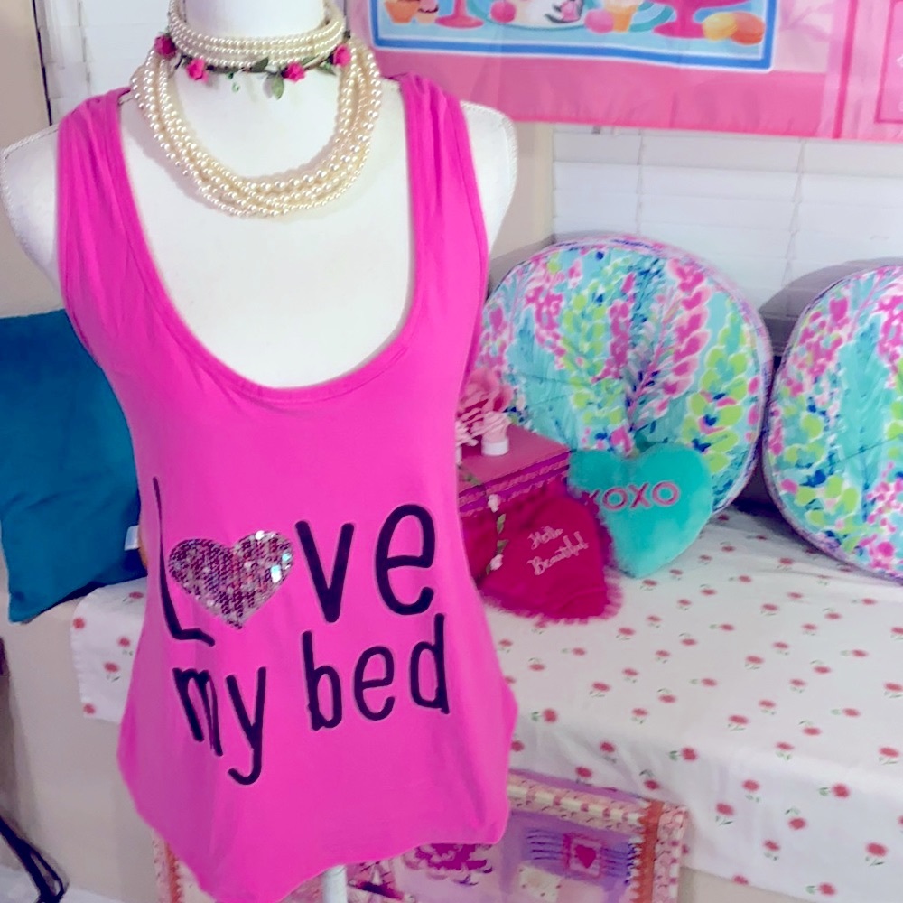 Grumpy & Gorgeous Barbie pink “Love My Bed” with silver sequin heart PJ top
